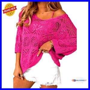 Crochet Hollow Out Pullover Sweater Off Shoulder 3/4 Sleeve Boho Chic
